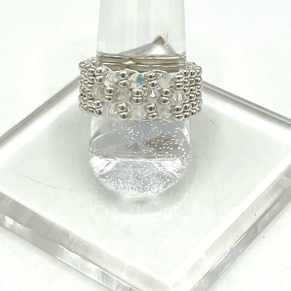 HAND CRAFTED Custom Beaded Ring Silver with Clear Crystal - Picture 3 of 4